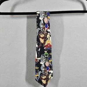 Vintage Looney Tunes Silk Tie Mens Bugs Bunny Marvin Martian Taz Cartoon‎ 90s
